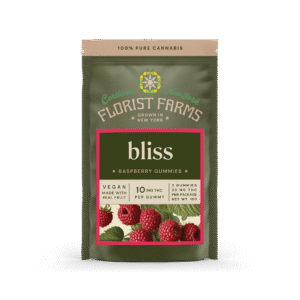 bliss-raspberry-gummies-2pk: A clear product shot of the Bliss Raspberry Gummies 2-pack, showing the packaging and the gummies.