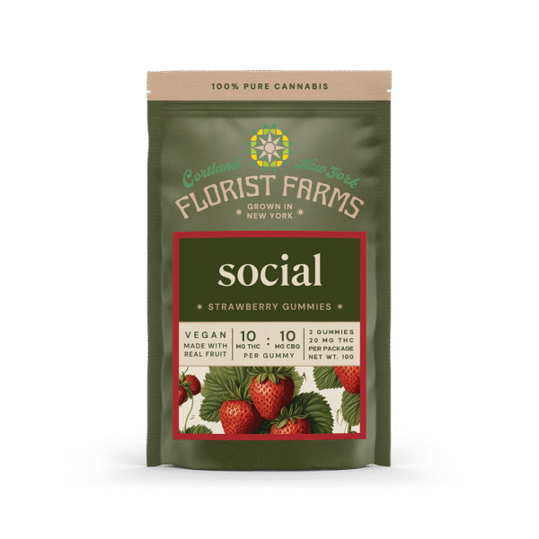 social-strawberry-gummies-2pk: A clear product shot of the Social Strawberry Gummies 2-pack, showing the packaging and the gummies.