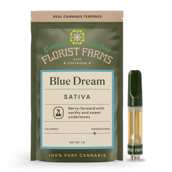 blue-dream-vape-cartridge-1g-florist-farms: A clear product shot of the Florist Farms Blue Dream Vape Cartridge, highlighting its design and the 1g capacity.