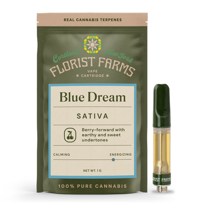blue-dream-vape-cartridge-1g-florist-farms: A clear product shot of the Florist Farms Blue Dream Vape Cartridge, highlighting its design and the 1g capacity.