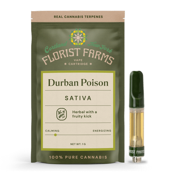 durban-poison-vape-cartridge-1g-florist-farms: A clear product shot of the Florist Farms Durban Poison Vape Cartridge, highlighting its design and the 1g capacity.
