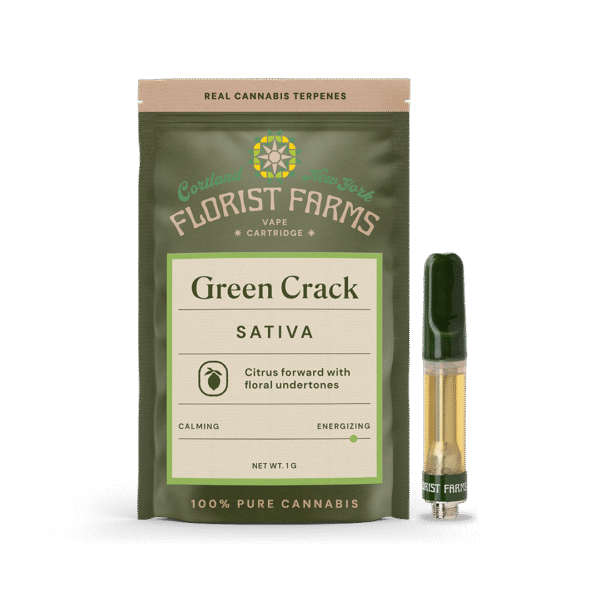 green-crack-vape-cartridge-1g: A clear product image of the Green Crack 1g vape cartridge, highlighting its design and branding.