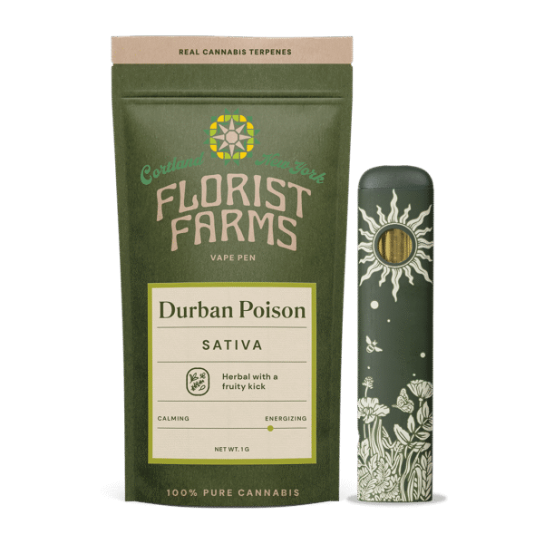 durban-poison-rechargeable-vape-1g-florist-farms: A clear product shot of the Florist Farms Durban Poison Rechargeable Vape, highlighting its sleek design and 1g capacity.