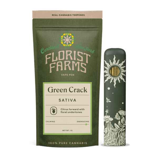 green-crack-rechargeable-vape-1g-florist-farms: A clear product shot of the Florist Farms Green Crack Rechargeable Vape, highlighting its sleek design and the 1g cartridge.