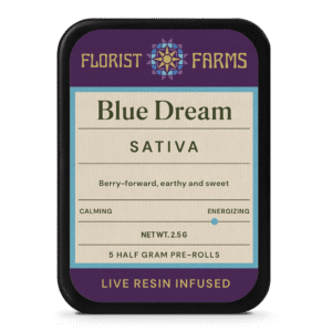 infused-live-resin-blue-dream-prerolls-5pk-tin: A clear product shot of the Infused Live Resin Blue Dream 5-pack tin, highlighting its sleek design and branding