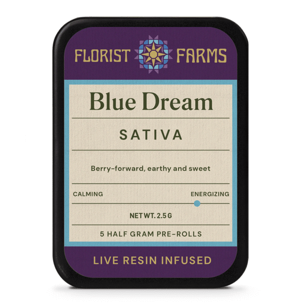 infused-live-resin-blue-dream-prerolls-5pk-tin: A clear product shot of the Infused Live Resin Blue Dream 5-pack tin, highlighting its sleek design and branding