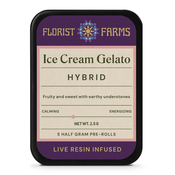 infused-live-resin-ice-cream-gelato-prerolls-5pk-tin: A clear product shot of the Florist Farms Infused Live Resin Ice Cream Gelato 5-pack tin, highlighting its sleek design and branding.
