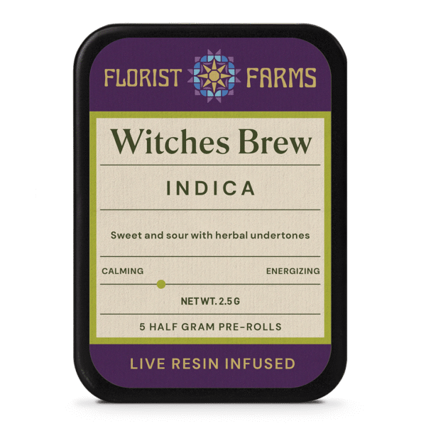 infused-live-resin-witches-brew-strain-prerolls-5pk-tin: A clear product shot of the Florist Farms Infused Live Resin Witches Brew 5-pack tin, highlighting its sleek design and branding.