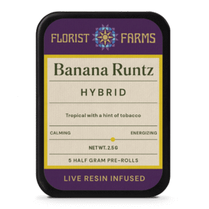 florist-farms-banana-runtz-infused-prerolls-5pk-tin: A clear product shot of the Florist Farms Infused Live Resin Banana Runtz 5-pack tin, highlighting its sleek design and branding.