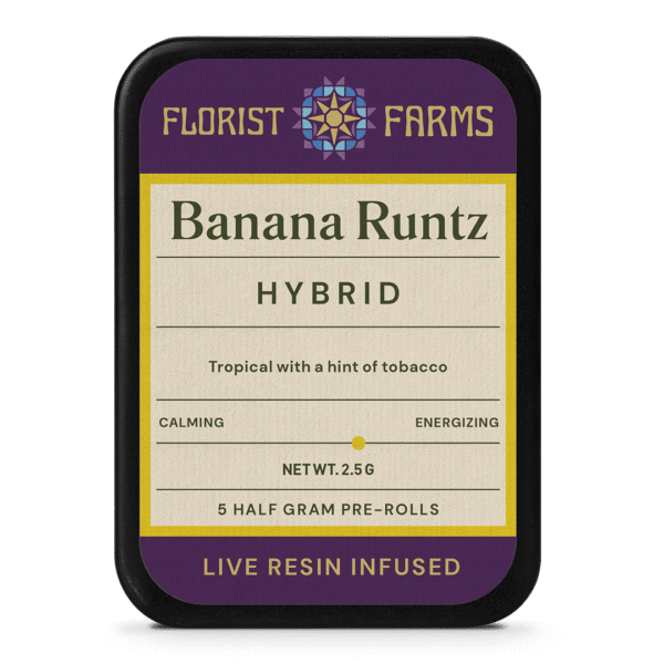 florist-farms-banana-runtz-infused-prerolls-5pk-tin: A clear product shot of the Florist Farms Infused Live Resin Banana Runtz 5-pack tin, highlighting its sleek design and branding.