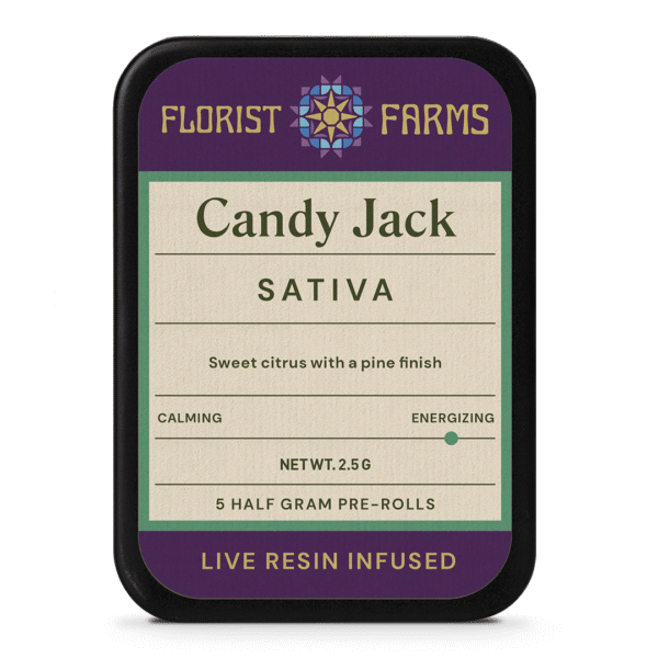 infused-live-resin-candy-jack-prerolls-florist-farms: A clear product shot of the Florist Farms Infused Live Resin Candy Jack 5-pack tin, showcasing its design.