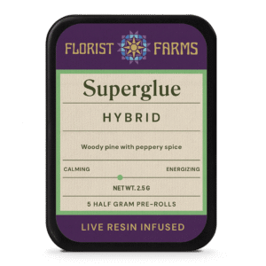 infused-live-resin-superglue-prerolls-5pk-tin: A clear product shot of the Infused Live Resin Superglue 5-pack tin, highlighting its sleek design and branding.
