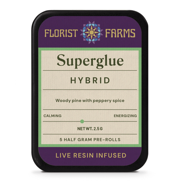 infused-live-resin-superglue-prerolls-5pk-tin: A clear product shot of the Infused Live Resin Superglue 5-pack tin, highlighting its sleek design and branding.