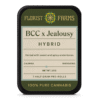 bcc-x-jealousy-7pk-prerolls-tin: A clear product shot of the BCC x Jealousy 7-pack tin of pre-rolls, highlighting its sleek design and branding