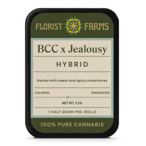 bcc-x-jealousy-7pk-prerolls-tin: A clear product shot of the BCC x Jealousy 7-pack tin of pre-rolls, highlighting its sleek design and branding