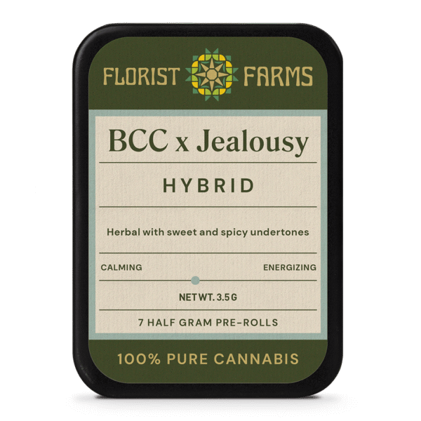 bcc-x-jealousy-7pk-prerolls-tin: A clear product shot of the BCC x Jealousy 7-pack tin of pre-rolls, highlighting its sleek design and branding