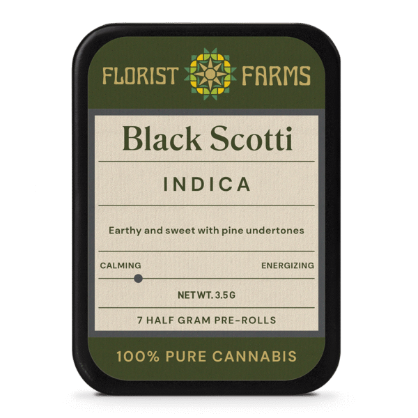 black-scotti-7pk-prerolls-tin: A clear product shot of the Black Scotti 7-pack tin of pre-rolls, highlighting its sleek design and branding.