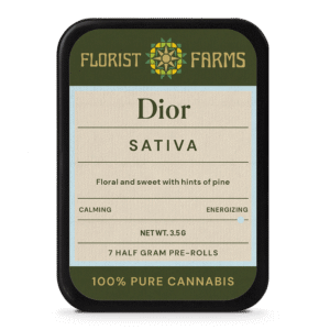 dior-7pk-prerolls-tin: A clear product shot of the Dior 7-pack tin of pre-rolls, highlighting its sleek design and branding.