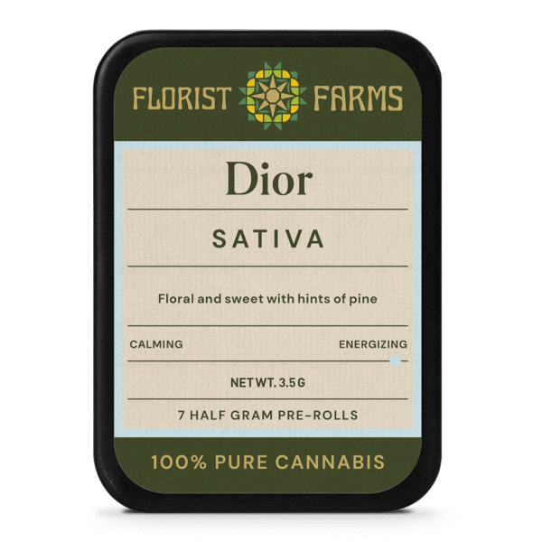 dior-7pk-prerolls-tin: A clear product shot of the Dior 7-pack tin of pre-rolls, highlighting its sleek design and branding.
