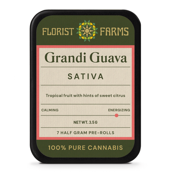 florist-farms-grandi-guava-sativa-prerolls-7pk-tin: A clear product shot of the Florist Farms Grandi Guava 7-pack tin, highlighting its sleek design and branding.
