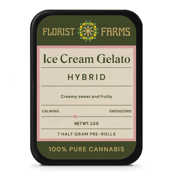 ice-cream-gelato-7pk-prerolls-tin: A clear product shot of the Ice Cream Gelato 7-pack tin of pre-rolls, highlighting its sleek design and branding.