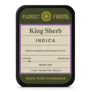 king-sherb-7pk-prerolls-tin: A clear product shot of the King Sherb 7-pack tin of pre-rolls, highlighting its sleek design and branding.