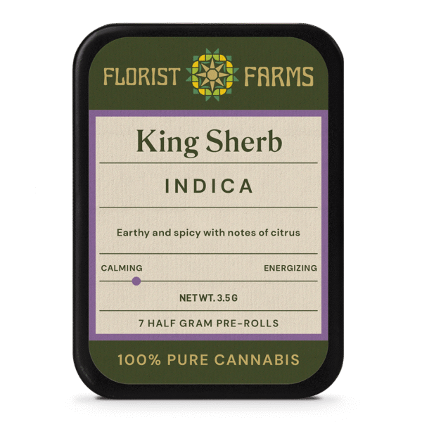 king-sherb-7pk-prerolls-tin: A clear product shot of the King Sherb 7-pack tin of pre-rolls, highlighting its sleek design and branding.