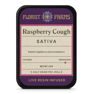 infused-live-resin-raspberry-cough-prerolls-5pk-tin: A clear product shot of the Florist Farms Infused Live Resin Raspberry Cough 5-pack tin, showcasing its design.
