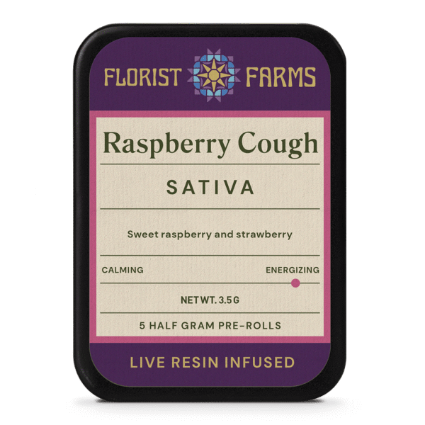 infused-live-resin-raspberry-cough-prerolls-5pk-tin: A clear product shot of the Florist Farms Infused Live Resin Raspberry Cough 5-pack tin, showcasing its design.