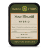 florist-farms-sour-biscotti-strain-prerolls-7pk-tin: A clear product shot of the Florist Farms Sour Biscotti 7-pack tin, highlighting its sleek design and branding.