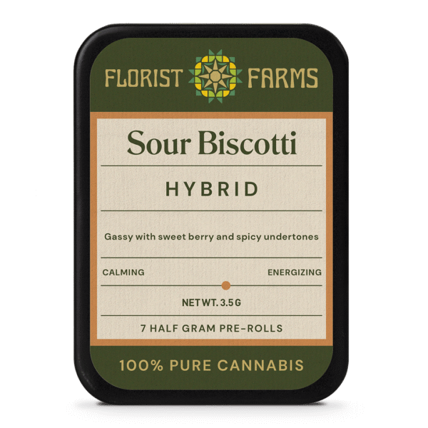 florist-farms-sour-biscotti-strain-prerolls-7pk-tin: A clear product shot of the Florist Farms Sour Biscotti 7-pack tin, highlighting its sleek design and branding.
