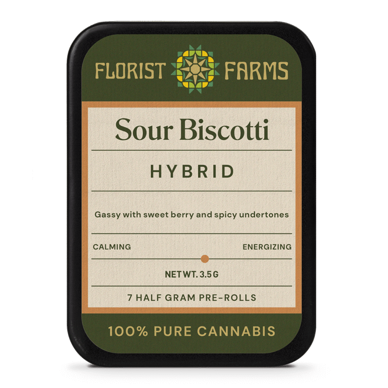 florist-farms-sour-biscotti-strain-prerolls-7pk-tin: A clear product shot of the Florist Farms Sour Biscotti 7-pack tin, highlighting its sleek design and branding.