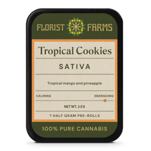 tropical-cookies-7pk-prerolls-tin: A clear product shot of the Tropical Cookies 7-pack tin of pre-rolls, highlighting its sleek design and branding