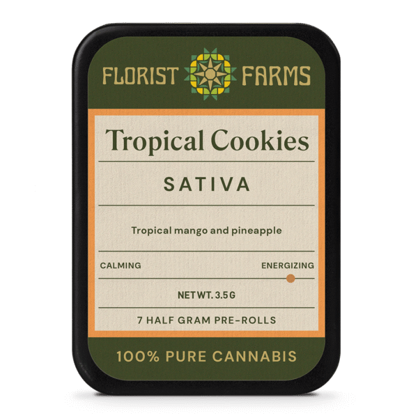 tropical-cookies-7pk-prerolls-tin: A clear product shot of the Tropical Cookies 7-pack tin of pre-rolls, highlighting its sleek design and branding