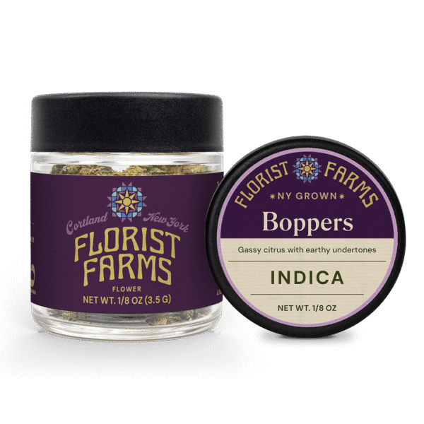 florist-farms-boppers-strain-eighth-ounce-jar: A clear product shot of the Florist Farms Boppers eighth ounce (3.5g) flower jar, showcasing the branding and product.