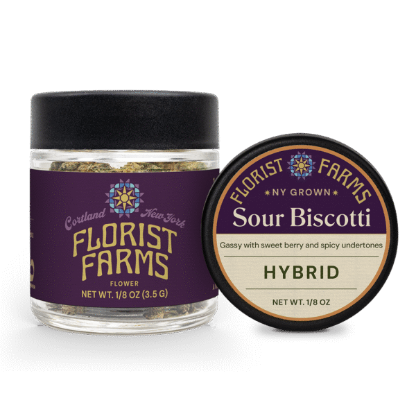 florist-farms-sour-biscotti-strain-eighth-ounce-jar: A clear product shot of the Florist Farms Sour Biscotti eighth ounce (3.5g) flower jar, showcasing the branding and product