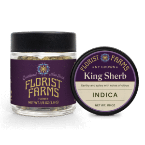 king-sherb-strain-eighth-ounce-flower-jar: A clear image of the King Sherb eighth ounce (3.5g) flower jar, showing the branding and product details.