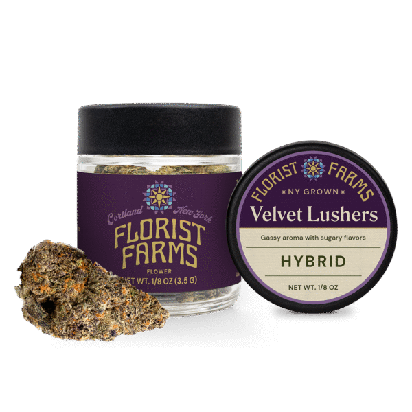 florist-farms-velvet-lushers-strain-eighth-ounce-jar: A clear product shot of the Florist Farms Velvet Lushers eighth ounce (3.5g) flower jar, showcasing the branding and product.