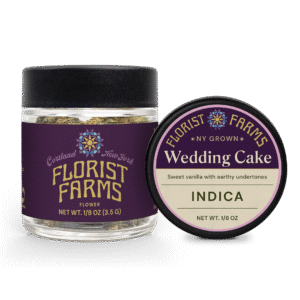 florist-farms-wedding-cake-eighth-ounce-jar: A clear product shot of the Florist Farms Wedding Cake eighth ounce (3.5g) flower jar, showcasing the branding and product.