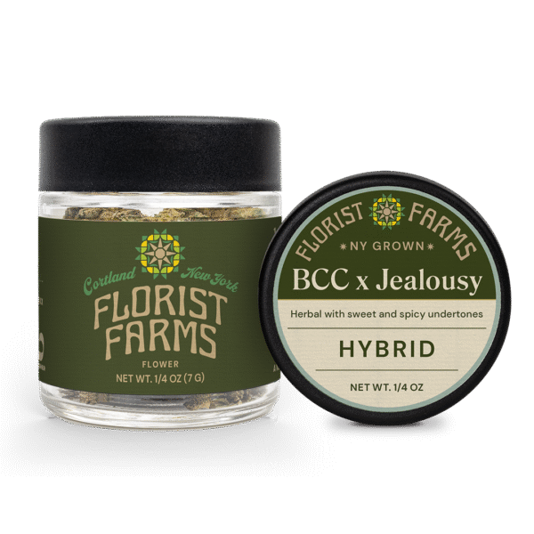 florist-farms-bcc-x-jealousy-strain-quarter-ounce-jar: A clear product shot of the Florist Farms BCC x Jealousy quarter ounce (7g) flower jar, showcasing the branding and product.