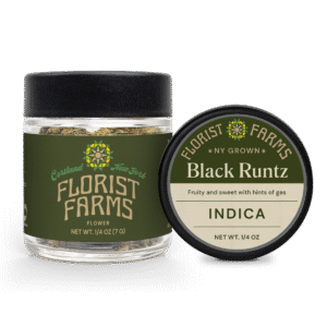 black-runtz-quarter-ounce-flower-jar: A clear product shot of the Florist Farms Black Runtz quarter ounce (7g) flower jar, showcasing the branding and product.