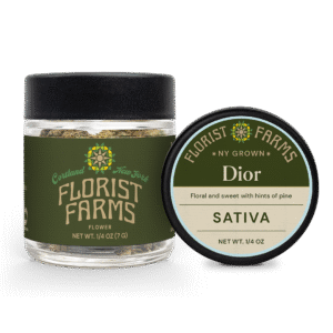 dior-strain-quarter-ounce-flower-jar: A clear product shot of the Florist Farms Dior quarter ounce (7g) flower jar, showing the branding and product details.