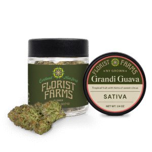 florist-farms-grandi-guava-strain-quarter-ounce-jar: A clear product shot of the Florist Farms Grandi Guava quarter ounce (7g) flower jar, showcasing the branding and product.