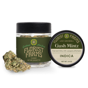 gush-mintz-quarter-ounce-flower-jar: A clear product shot of the Florist Farms Gush Mintz quarter ounce (7g) flower jar, showing the branding and product details.