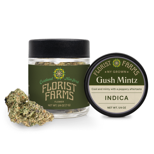 gush-mintz-quarter-ounce-flower-jar: A clear product shot of the Florist Farms Gush Mintz quarter ounce (7g) flower jar, showing the branding and product details.