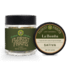 la-bomba-strain-quarter-ounce-jar: A clear product shot of the Florist Farms La Bomba quarter ounce (7g) flower jar, showcasing the branding and product.