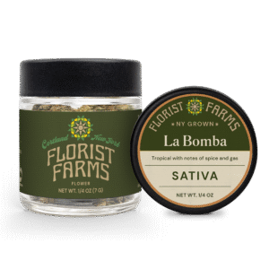 la-bomba-strain-quarter-ounce-jar: A clear product shot of the Florist Farms La Bomba quarter ounce (7g) flower jar, showcasing the branding and product.