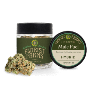 mule-fuel-quarter-ounce-flower-jar: A clear product shot of the Florist Farms Mule Fuel quarter ounce (7g) flower jar, showing the branding and product details.
