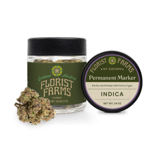 permanent-marker-quarter-ounce-flower-jar: A clear product shot of the Florist Farms Permanent Marker quarter ounce (7g) flower jar, showing the branding and product details