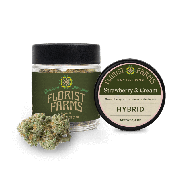 florist-farms-strawberry-and-cream-strain-quarter-ounce-jar: A clear product shot of the Florist Farms Strawberry and Cream quarter ounce (7g) flower jar, showcasing the branding and product